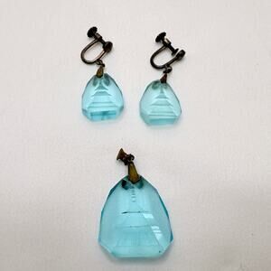 Antique Art Deco Czech Glass Pagoda Reverse Intaglio Necklace & Earrings Set